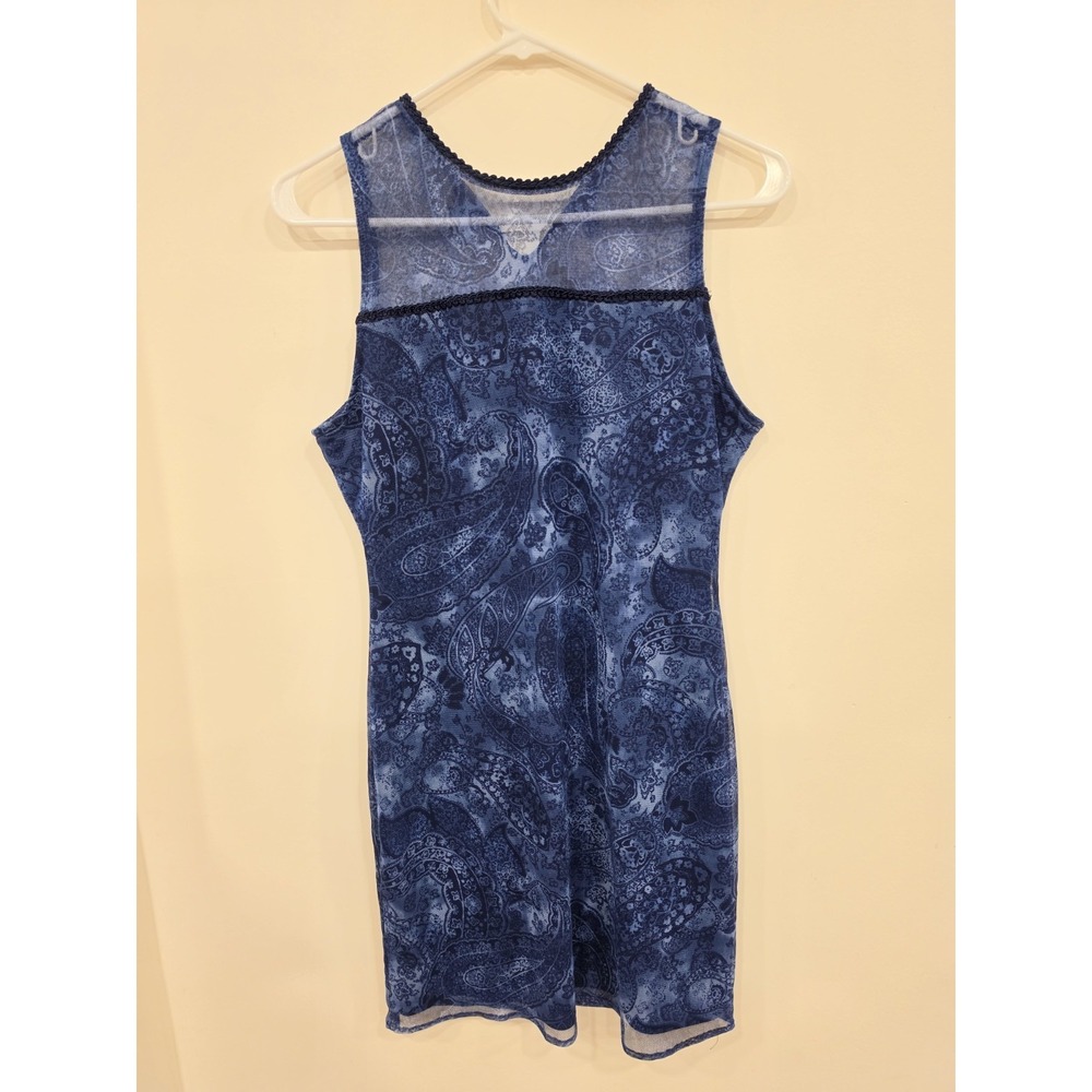 Y2K Blue Paisley Mesh Mini Dress Women's Small‎ Sheer Sleeveless Boho Festival